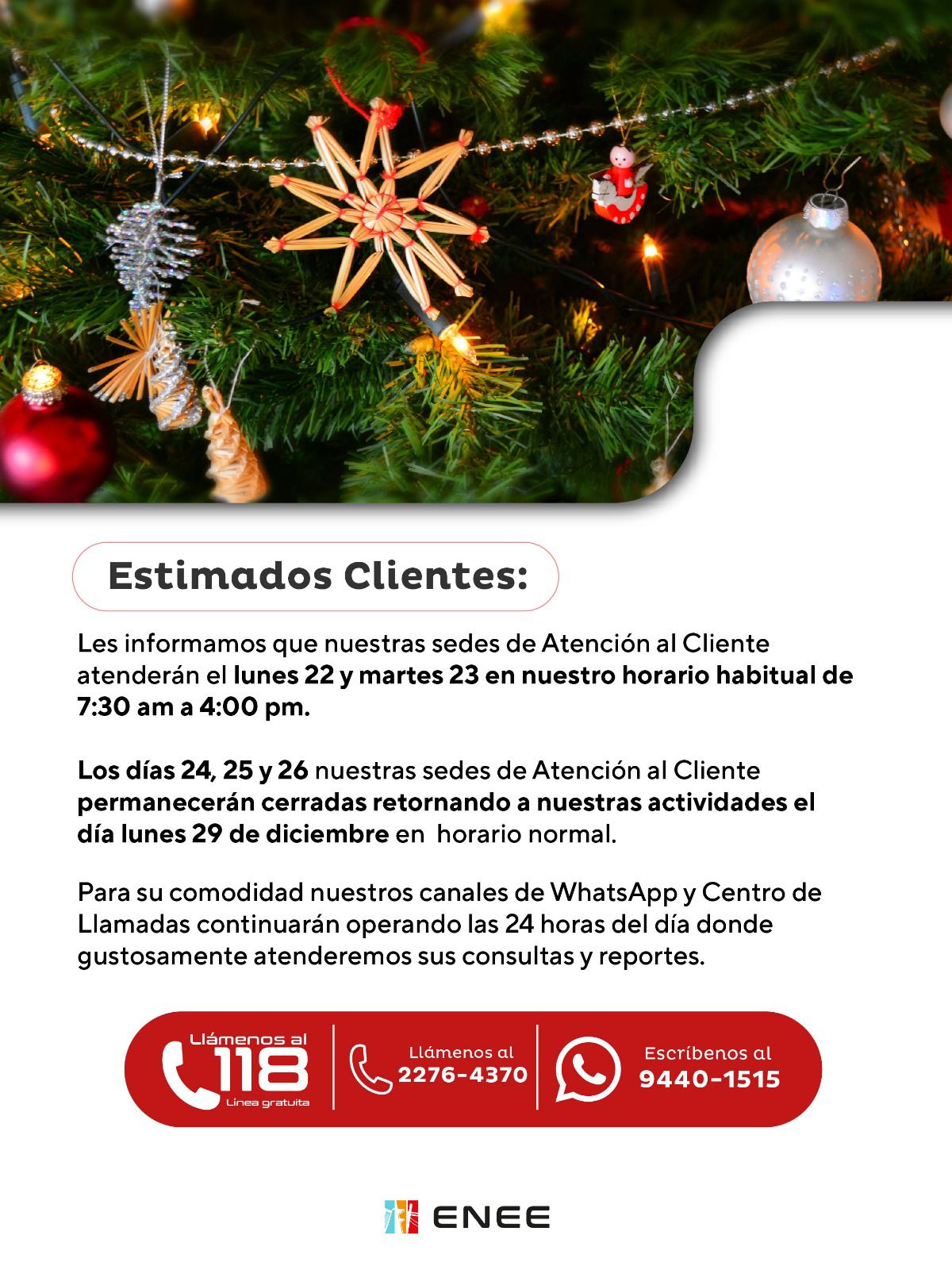 Horarios de la ENEE durante Navidad