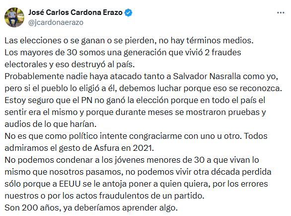 "Estoy seguro que el Partido Nacional no ganó la elección": José Carlos Cardona