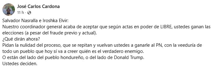 "Pidan la nulidad del proceso": Cardona exige a Nasralla desconocer las elecciones