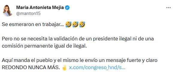 "No se necesita la validación de un presidente ilegal": María Antonieta Mejía arremete contra Redondo