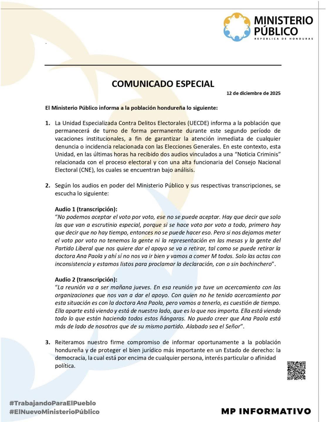 Transcripciones del MP muestran rechazo al recuento voto por voto