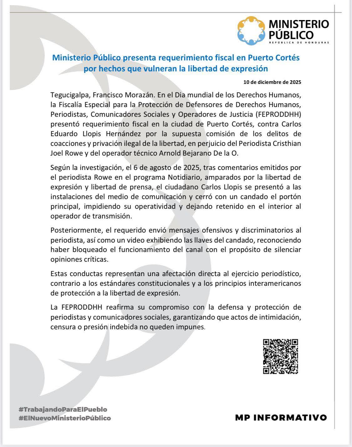CPH respalda requerimiento fiscal por hechos que vulneraron la libertad de expresión