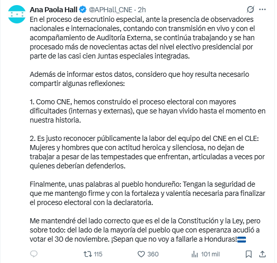 Mensaje de Ana Paola Hall en X