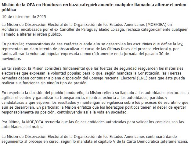 OEA rechaza llamados que alteren el orden público en Honduras