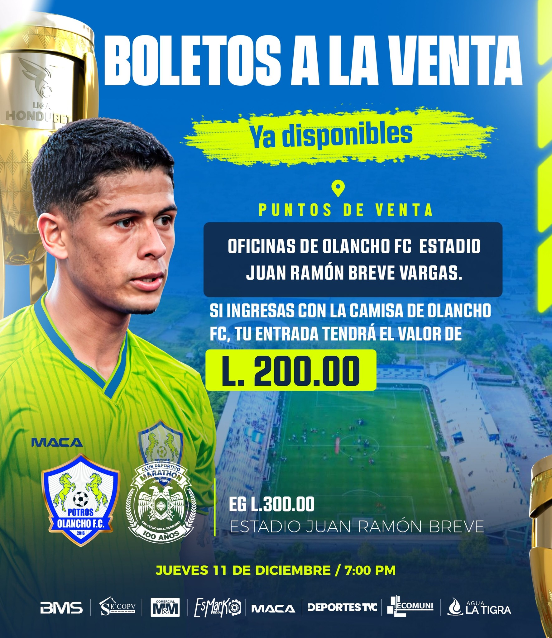 Estos son los precios de entrada establecidos por la directiva de Potros de Olancho FC para el encuentro contra Marathón.