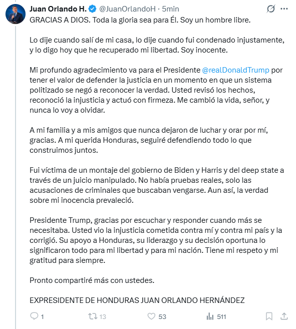 Primer mensaje de JOH tras indulto de Trump.