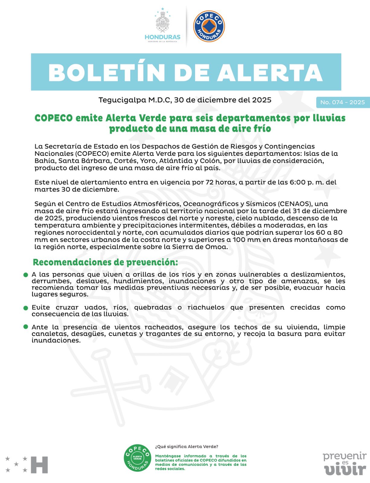 Recomendaciones ante la alerta verde Copeco