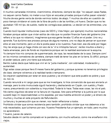 Publicación de exministro José Carlos Cardona. 