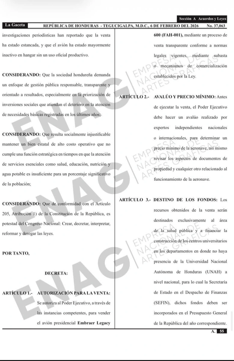 decreto sobre venta de avión presidencial